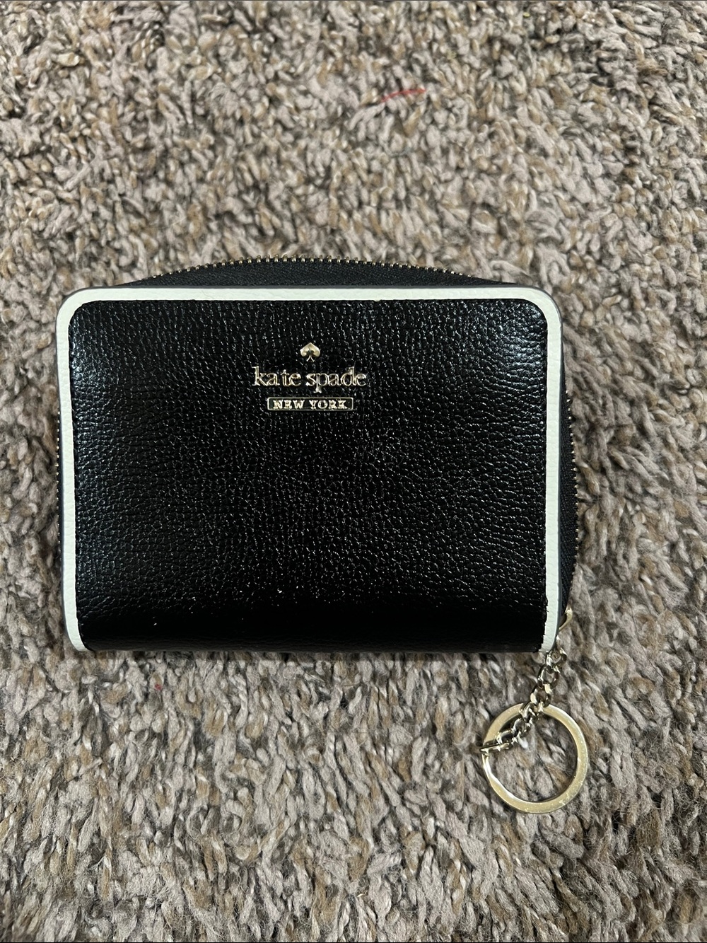 kate spade Black and White Pebbled Zip-Around Card Wallet